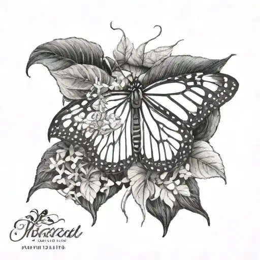 A detailed blackwork tattoo of a monarch butterfly emerging from a cocoon, surrounded by lush garden foliage tattoo design idea