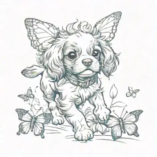 cavalier puppy chasing butterfly tattoo design idea