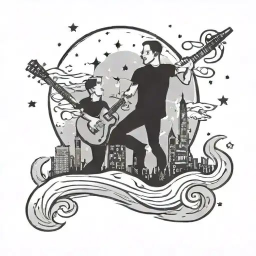 A father and son duo performing on a rock stage with a backdrop of a city skyline under a starry night sky tattoo design idea