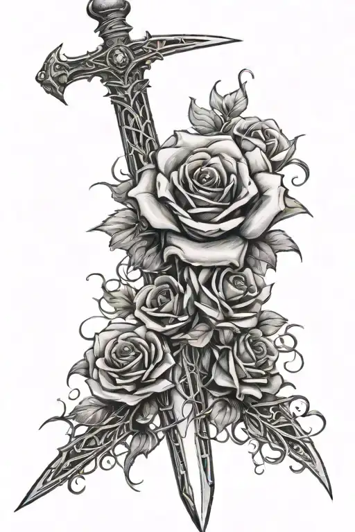 sword wrapped in thorns with roses entwined tattoo design idea