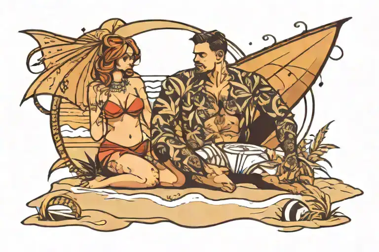 couples on a beach on sunny day tattoo design idea