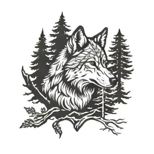 Wolf and cedar tree growing tattoo design idea