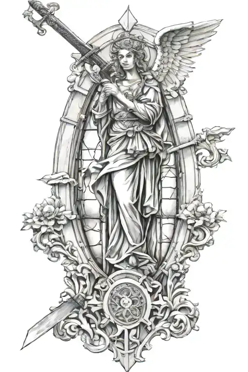 cathedral windows with angel holding a sword tattoo design idea