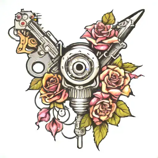 flowers with famous horror movies weapons incorporated tattoo design idea