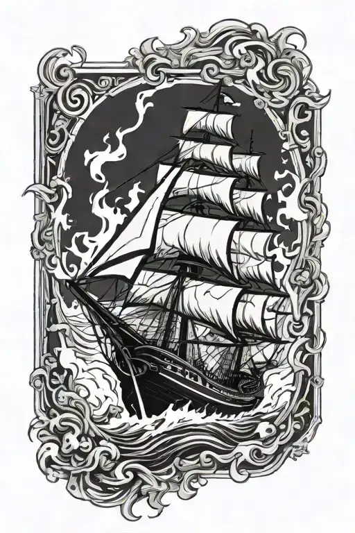 a ship burning in a rectangle frame tattoo design idea