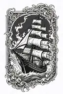 a ship burning in a rectangle frame tattoo design idea