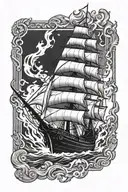 a ship burning in a rectangle frame tattoo design idea