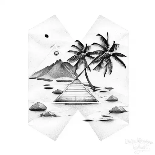 triangle with beach and coconut trees inside tattoo design idea