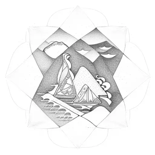 beach with water and waves and coconut trees inside a triangle shape tattoo design idea