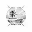 beach with water and waves and coconut trees inside a triangle tattoo design idea