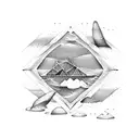 beach with water and waves and coconut trees inside a triangle tattoo design idea