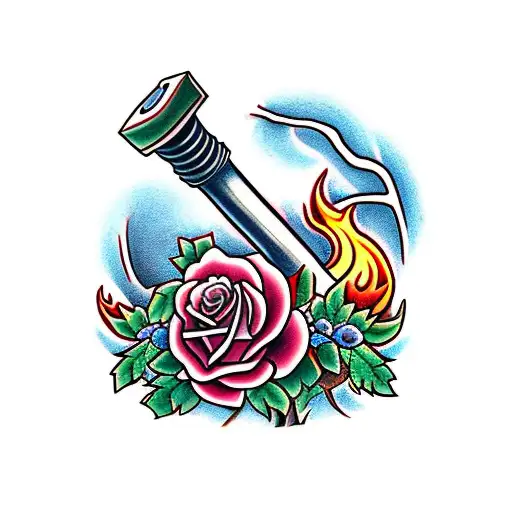 A hammer resting on an anvil surrounded by vines and roses, there is a flame in the background, the anvil has scuffs,the tattoo design idea