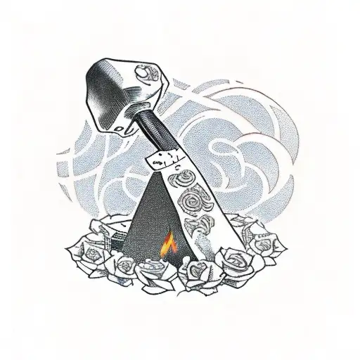 A hammer resting on an anvil surrounded by vines and roses, there is a flame in the background, the anvil has scuffs,the tattoo design idea