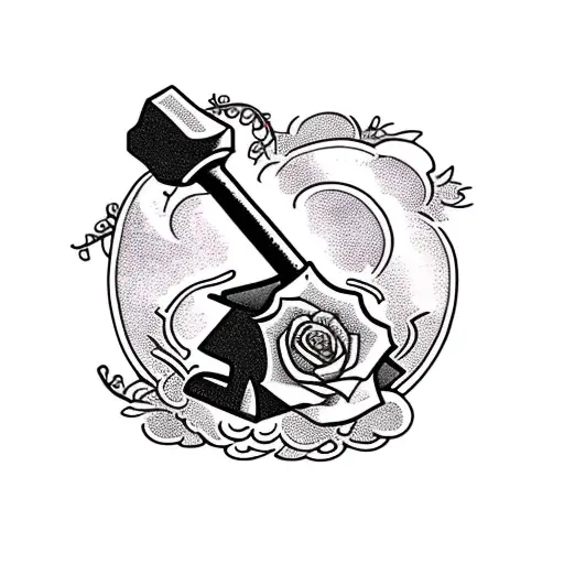 A hammer resting on an anvil surrounded by vines and roses, there is a flame in the background, the anvil has scuffs,the tattoo design idea