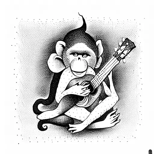 hippie monkey in a sweater smoking a joint and playing the ukulele tattoo design idea