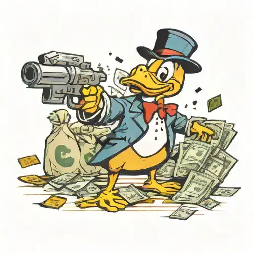 scrouge duck with a gun and money bags, a bank in the background with the monopoly man and the words get rich die trying tattoo design idea