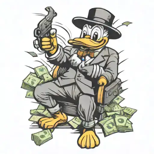 scrouge duck with a gun and money bags, a bank in the background with the monopoly man and the words get rich die trying tattoo design idea