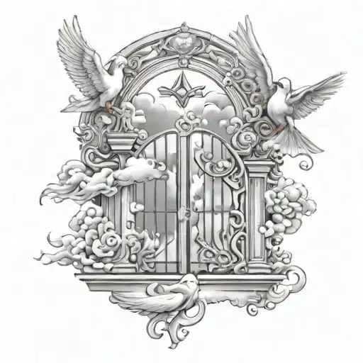 the words i will fear no evil, with the gates of heaven, 2 doves, a baby angel and clouds serounding it.  tattoo design idea