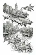 Downtown San Jose California , Angels fighting demons ,sharks prowling in the bay waters  tattoo design idea