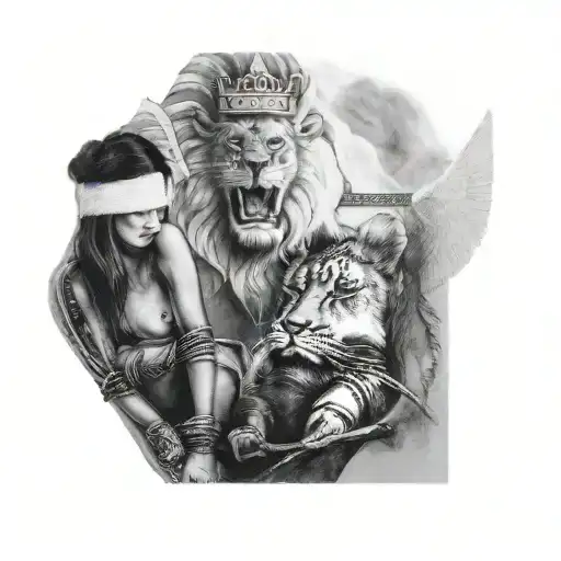 a woman with wings and a lion tattoo design idea