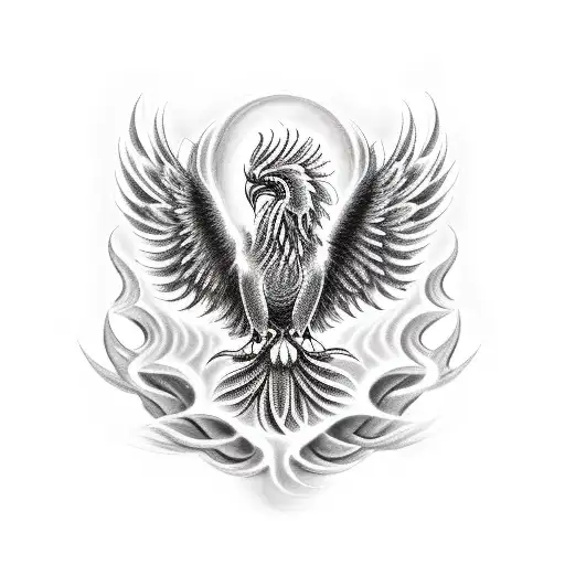 A black-grey tattoo of a majestic Greek phoenix rising from the ashes, symbolizing strength and rebirth, next to the Hercules tattoo. tattoo design idea