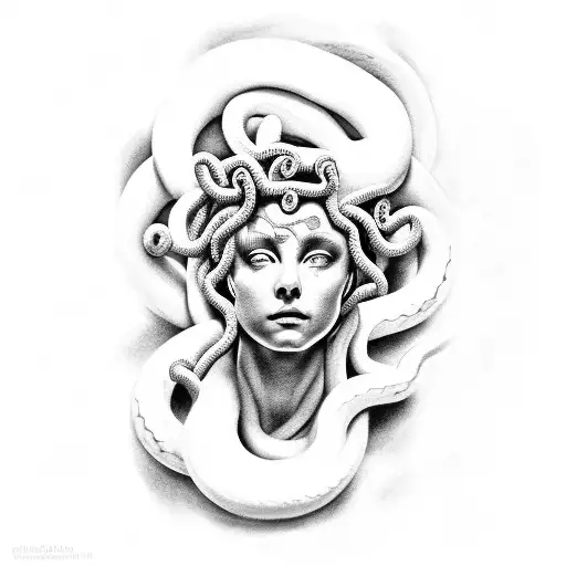 A black and grey tattoo of Medusa's face, with her snakes intertwining with Greek columns, on the side of Hercules tattoo. tattoo design idea