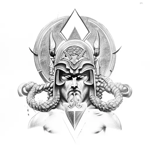 A dotwork tattoo of Ares, the Greek god of war, depicted in a fierce and powerful stance, on the inner bicep. tattoo design idea