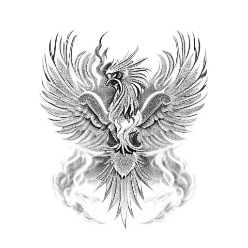 A black-grey tattoo of a majestic Greek phoenix rising from the ashes, symbolizing strength and rebirth, next to the Hercules tattoo. tattoo design idea