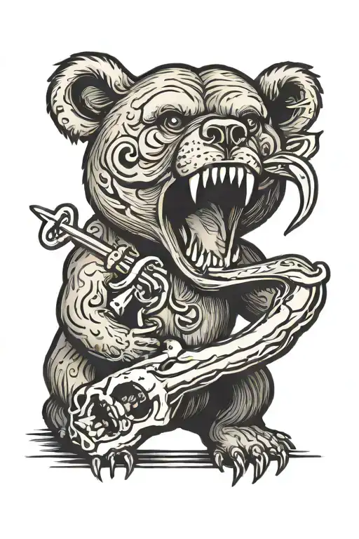 bear holding skull with rattlesnake head tattoo design idea