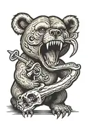 bear holding skull with rattlesnake head tattoo design idea