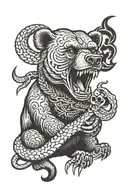 bear holding skull with rattlesnake head tattoo design idea