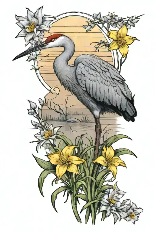 sandhill crane bird daffodils sunset scene tattoo design idea