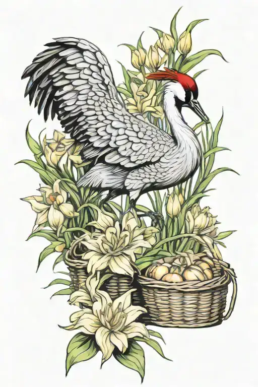 vibrant colored sandhill crane bird daffodils sunset scene with basket of onions and wild onion flowers tattoo design idea