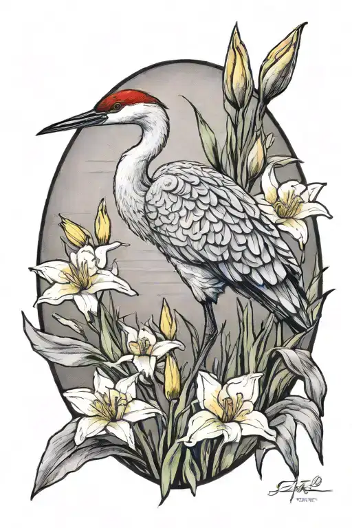 sandhill crane bird daffodils growing tattoo design idea