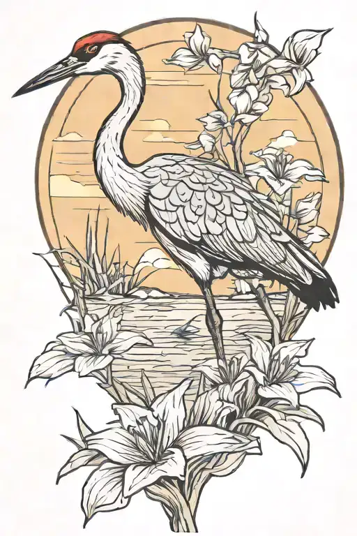 sandhill crane bird daffodils sunset scene tattoo design idea