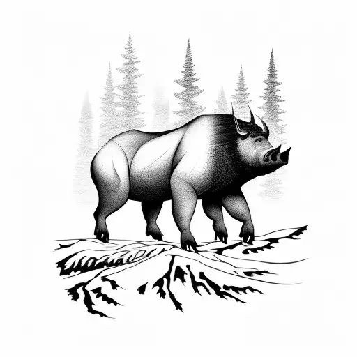 armsleeve, Forest with mountain backdrop and boar silhoutte on bottom tattoo design idea