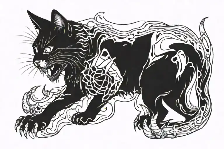 Transparent cat (visible bones) with scary teeth tattoo design idea