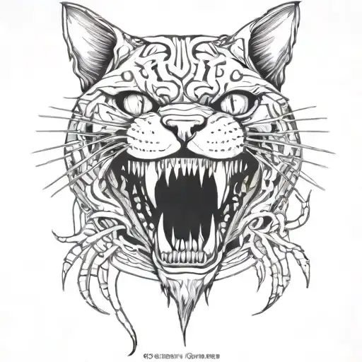 Transparent cat (visible bones) with scary teeth tattoo design idea