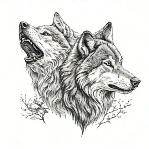 two wolves, one howling   tattoo design idea