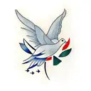 A minimalist tattoo of a dove with an olive branch, symbolizing peace and referencing the story of Noah's Ark from the Bible. tattoo design idea
