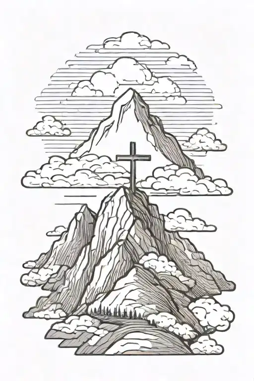 mountain with cross on top with clouds surrounding tattoo design idea
