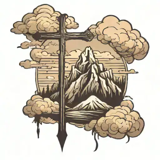 mountain with cross on top with clouds tattoo design idea