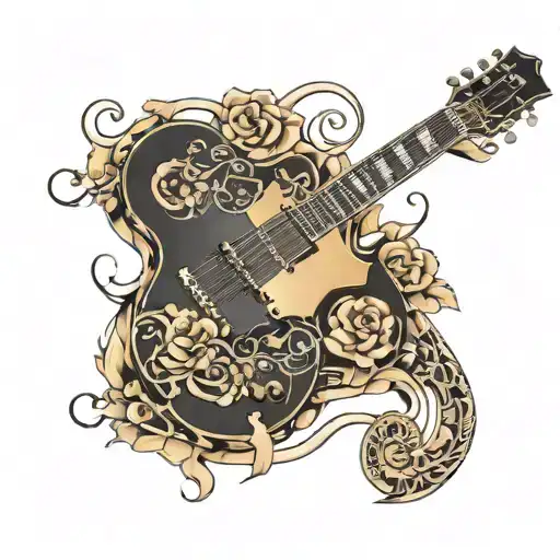 Gibson Les Paul guitar vertically bisected by a vertical line and around decorative elements around the guitars, musical notes tattoo design idea
