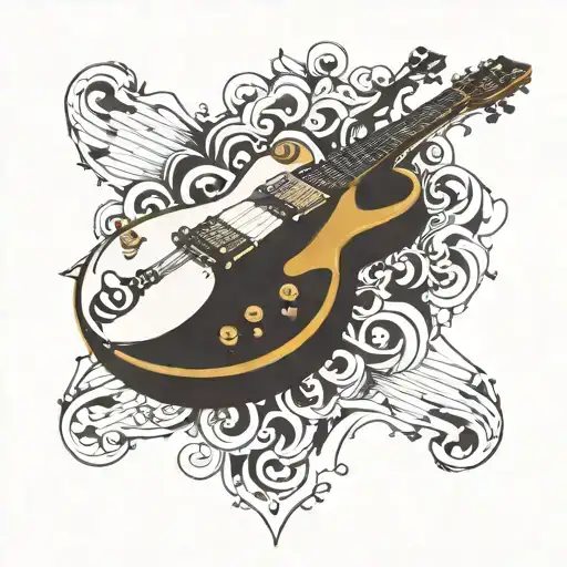 Gibson Les Paul guitar in half with a vertical line and around decorative elements around the guitars, musical notes tattoo design idea