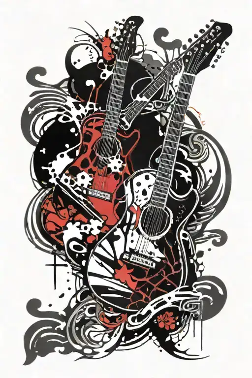 Create a tattoo design on a transparent background depicting two guitars divided in half by a vertical line tattoo design idea