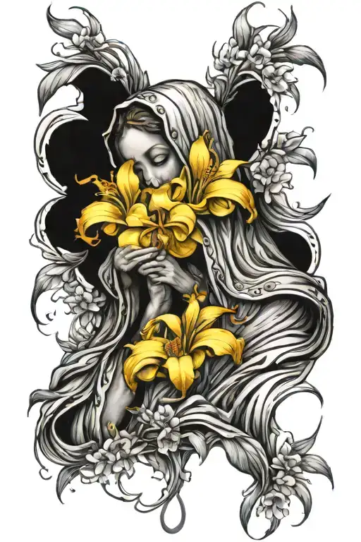 Praying weeping mary with cattleya flowers, a sorrowful and delicate depiction of a statue of Virgin Mary, eyes closed i tattoo design idea