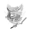 A dynamic composition featuring the Yamato sword and a pixelated video game character tattoo design idea