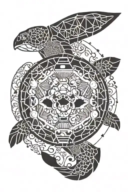 A geometric mandala design incorporating elements of diving equipment like goggles and flippers, with a small sea turtle hidden within the pattern tattoo design idea