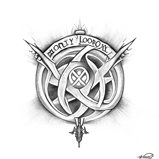 deathly hollows symbol, the lord of the rings phrase, and doctor who fob watch  surrounded by flowers tattoo design idea