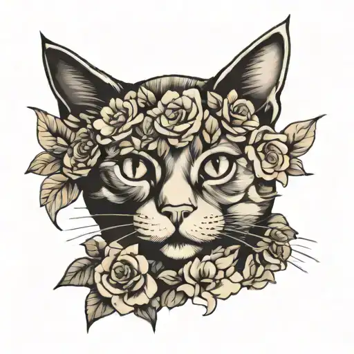 cat portrait in deltoid with flowers  tattoo design idea